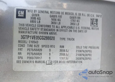 2012 GMC Sierra 1500 Sle z USA, uszkodzony, nr VIN 3GTP1VE05CG288020